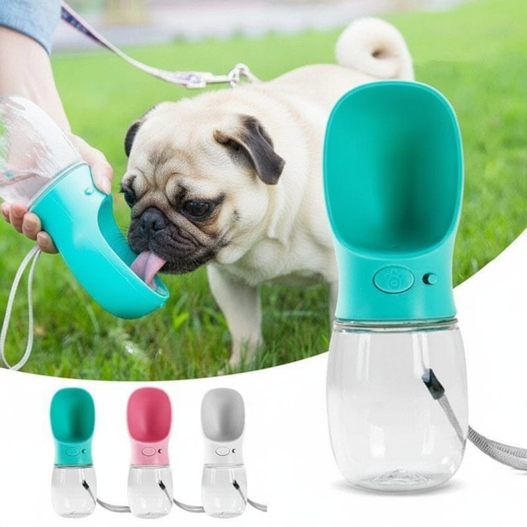 Pet water bottle with a dog drinking from it, set against a grassy background.