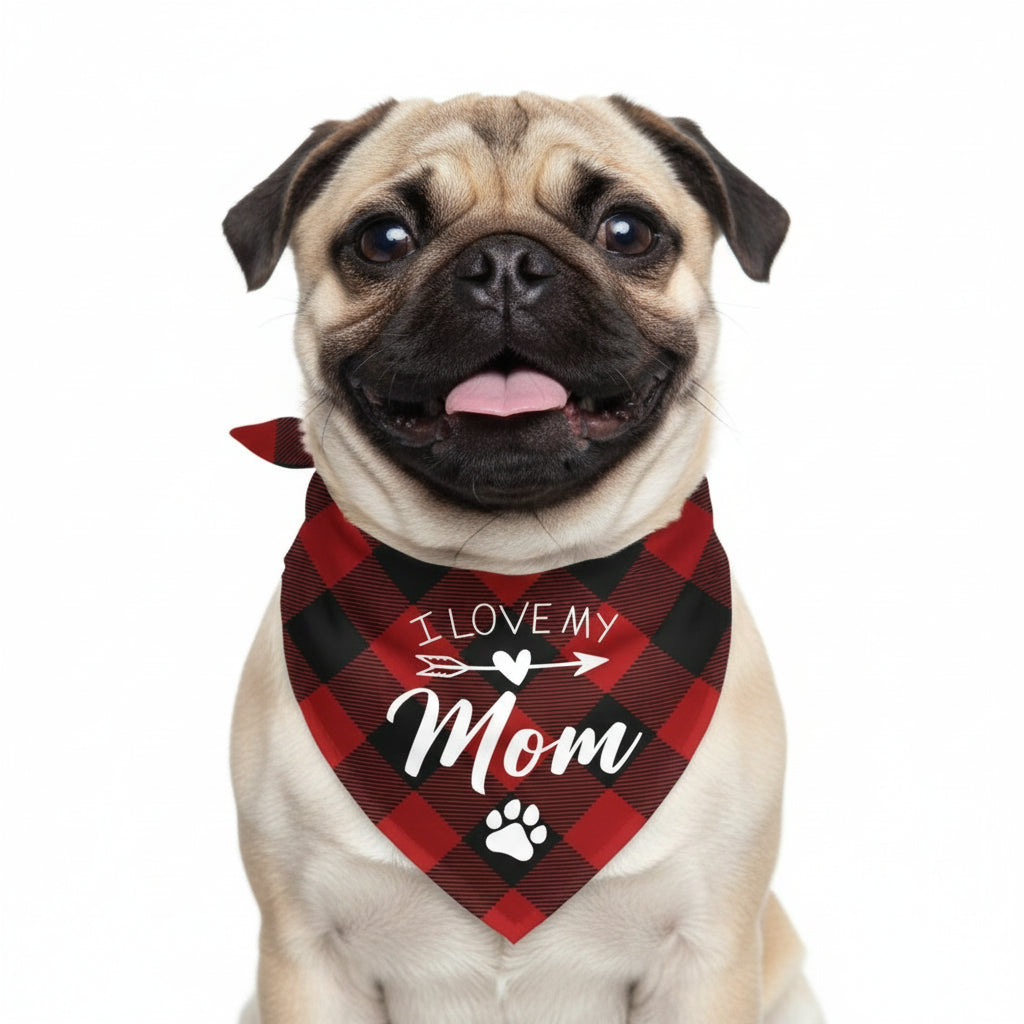 Red and black checkered bandana with 'I Love My Mom' text on a white background