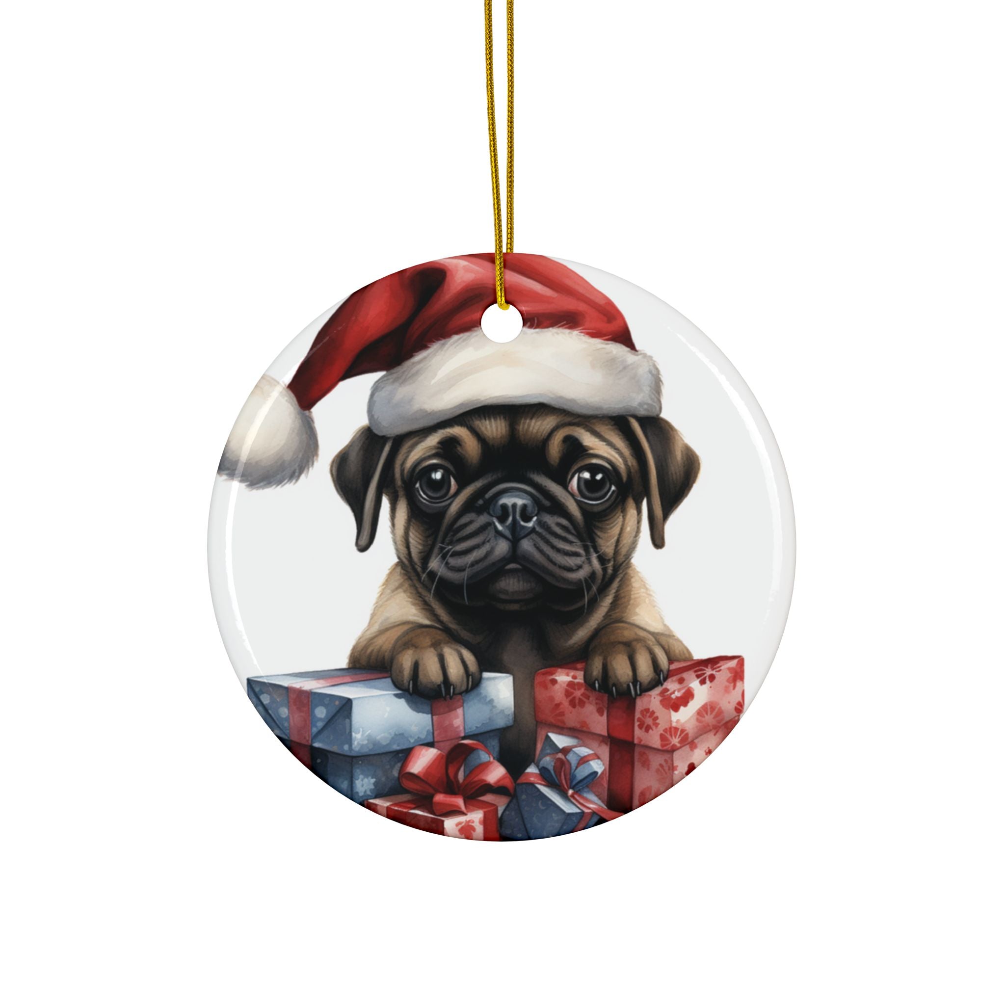 Santa Paws & Presents Ornament – Festive Pug Holiday Keepsake | Double-Sided Christmas Decor (1–10 Pack)