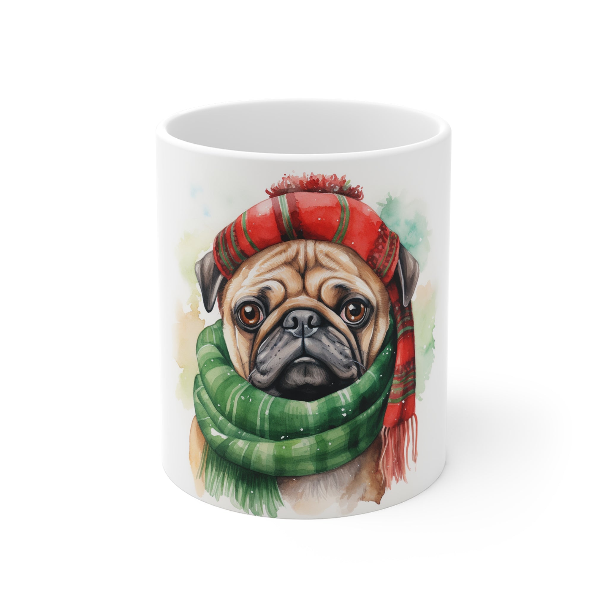 Pug in Winter Scarf Ceramic Mug — Cute Holiday Dog Coffee Cup (11oz)