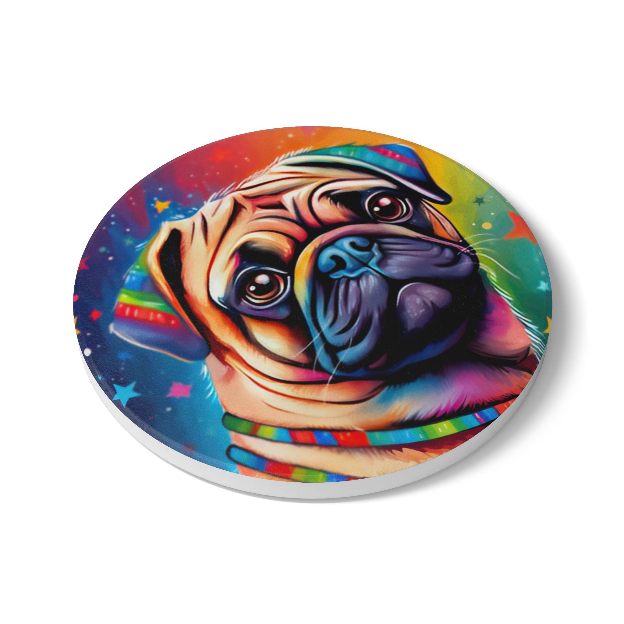Colorful Pug Coaster – Vibrant Dog Lover Drink Coaster (Round or Square)