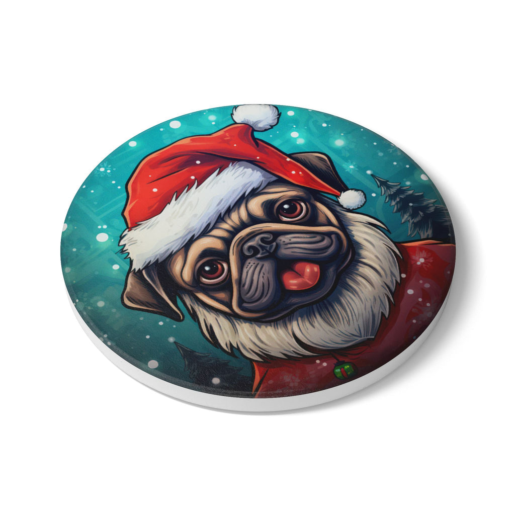 Santa Pug Christmas Coaster – Cute Holiday Drink Coaster (Round or Square)
