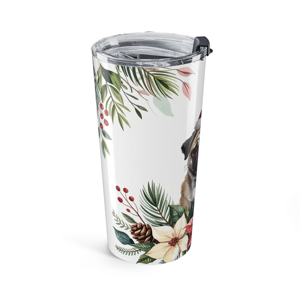 Christmas Pug Tumbler 20oz - Holiday Travel Mug with Festive Floral Design