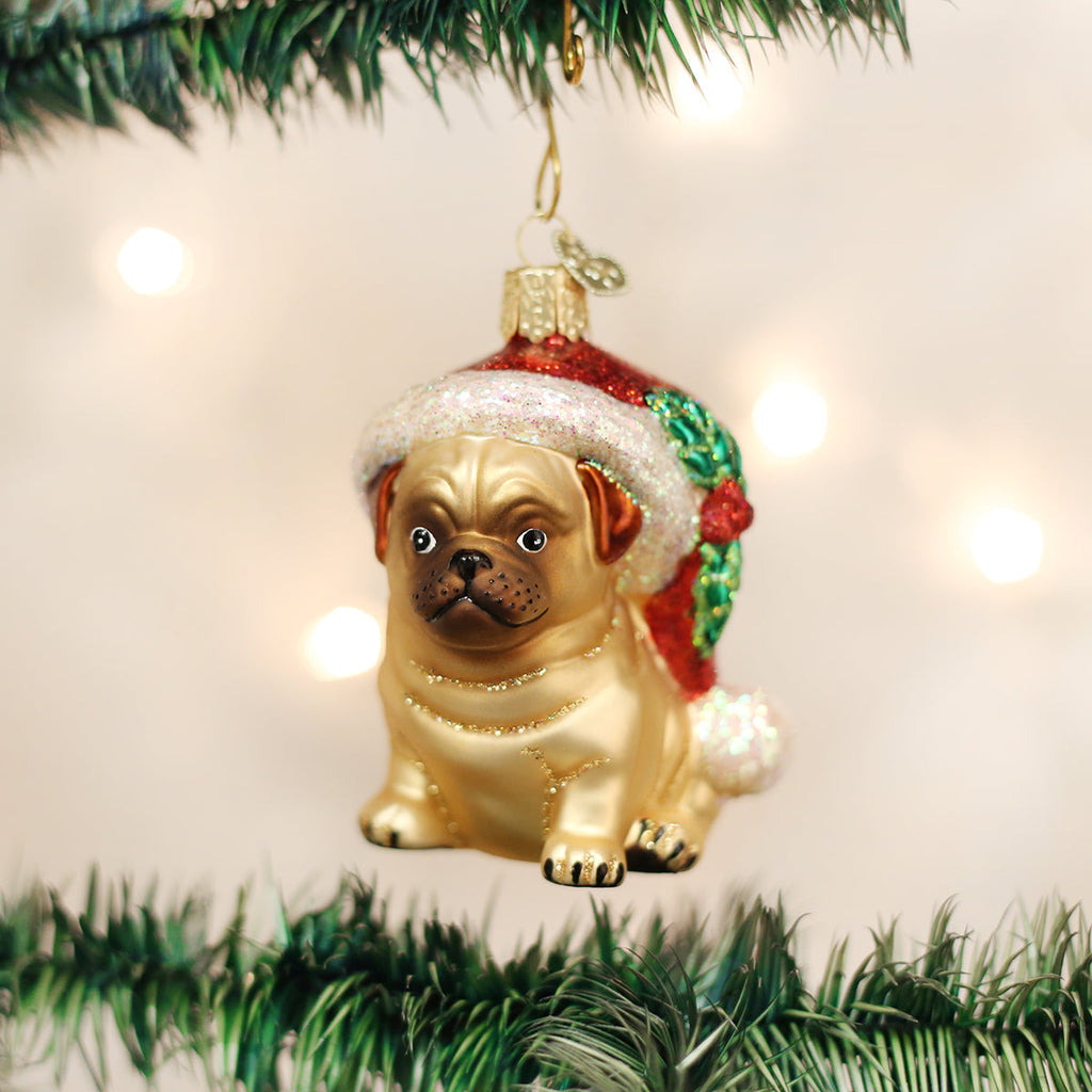 Holly Hat Pug Ornament-0