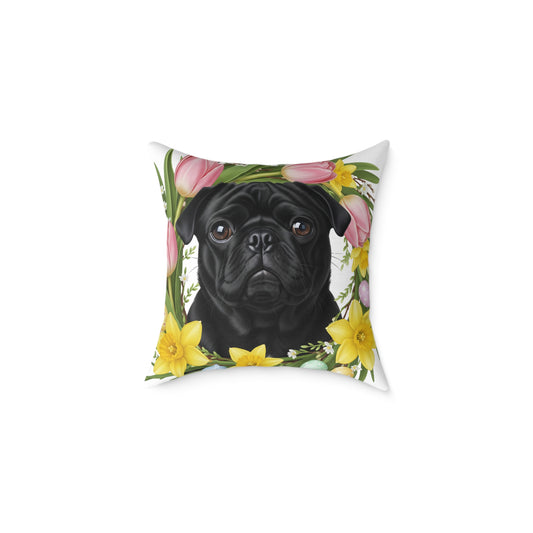 Easter Pug Throw Pillow — Black Pug Spring Floral Decorative Pillow | Pug Lover Gift