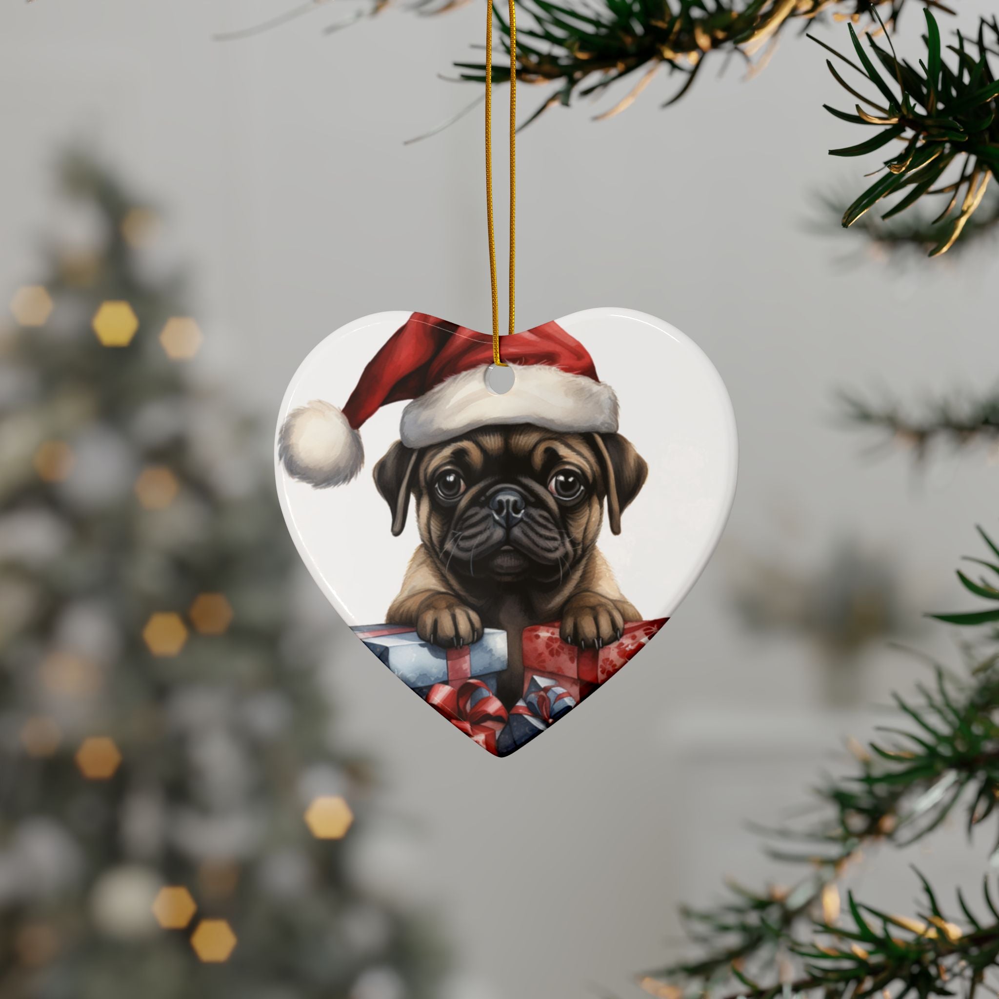 Santa Paws & Presents Ornament – Festive Pug Holiday Keepsake | Double-Sided Christmas Decor (1–10 Pack)