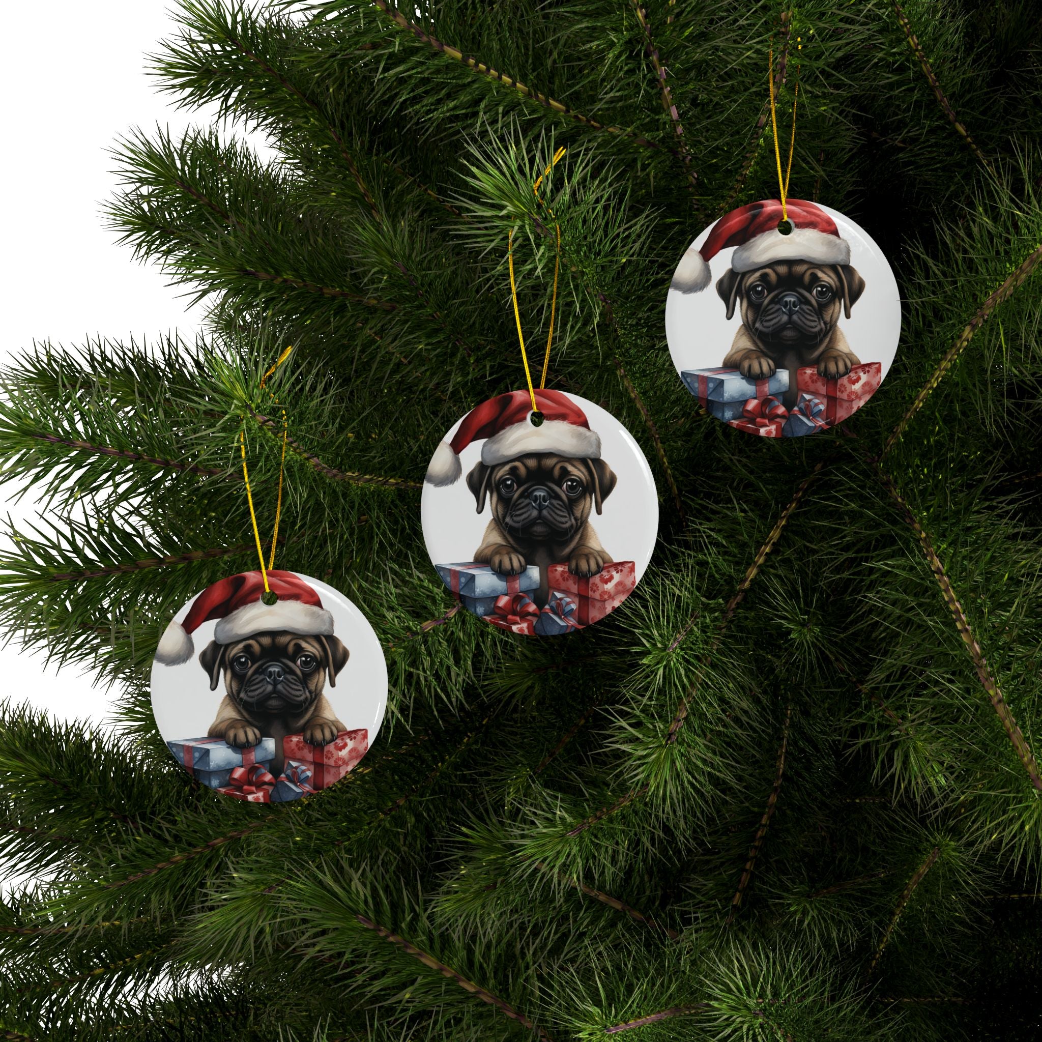 Santa Paws & Presents Ornament – Festive Pug Holiday Keepsake | Double-Sided Christmas Decor (1–10 Pack)