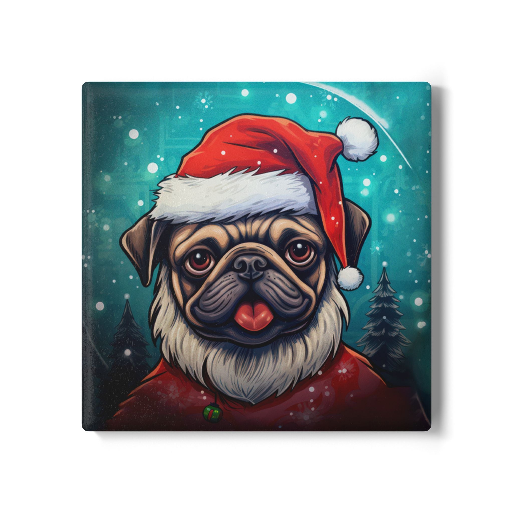 Santa Pug Christmas Coaster – Cute Holiday Drink Coaster (Round or Square)