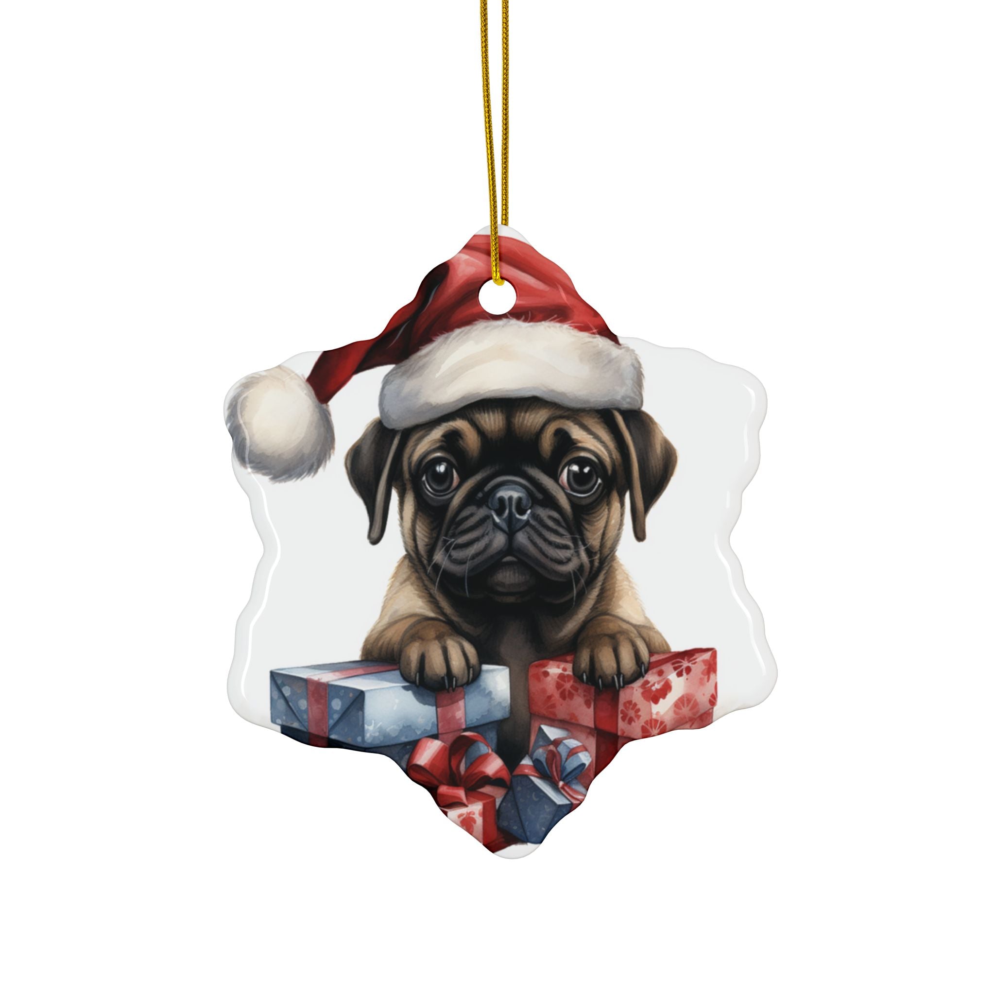 Santa Paws & Presents Ornament – Festive Pug Holiday Keepsake | Double-Sided Christmas Decor (1–10 Pack)