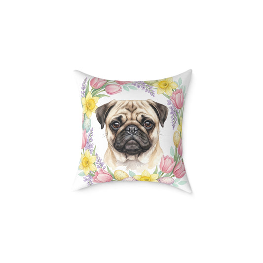Easter Fawn Pug Throw Pillow — Spring Floral Decorative Pillow | Pug Lover Gift