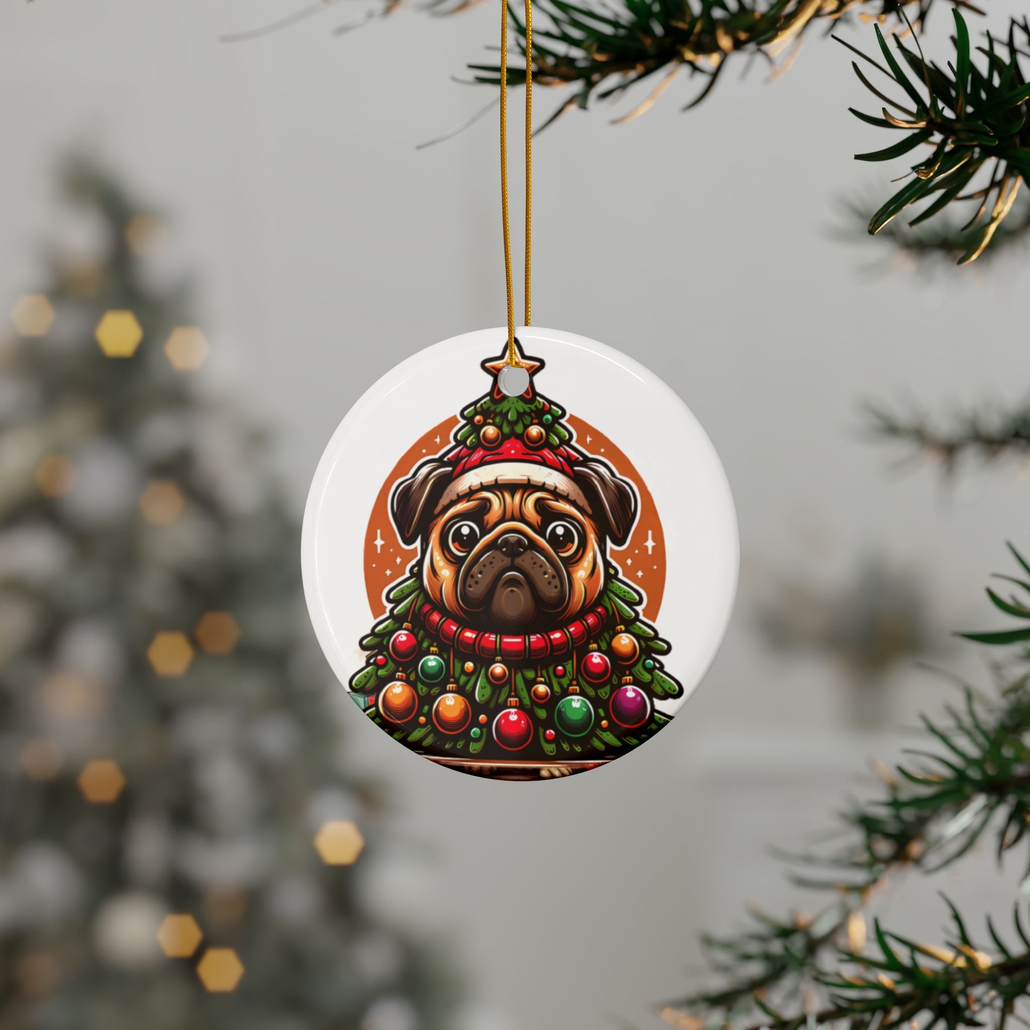 Pug & Pine Ornament – Christmas Cheer for Pug Lovers | Double-Sided Holiday Keepsake (1–10 Pack)