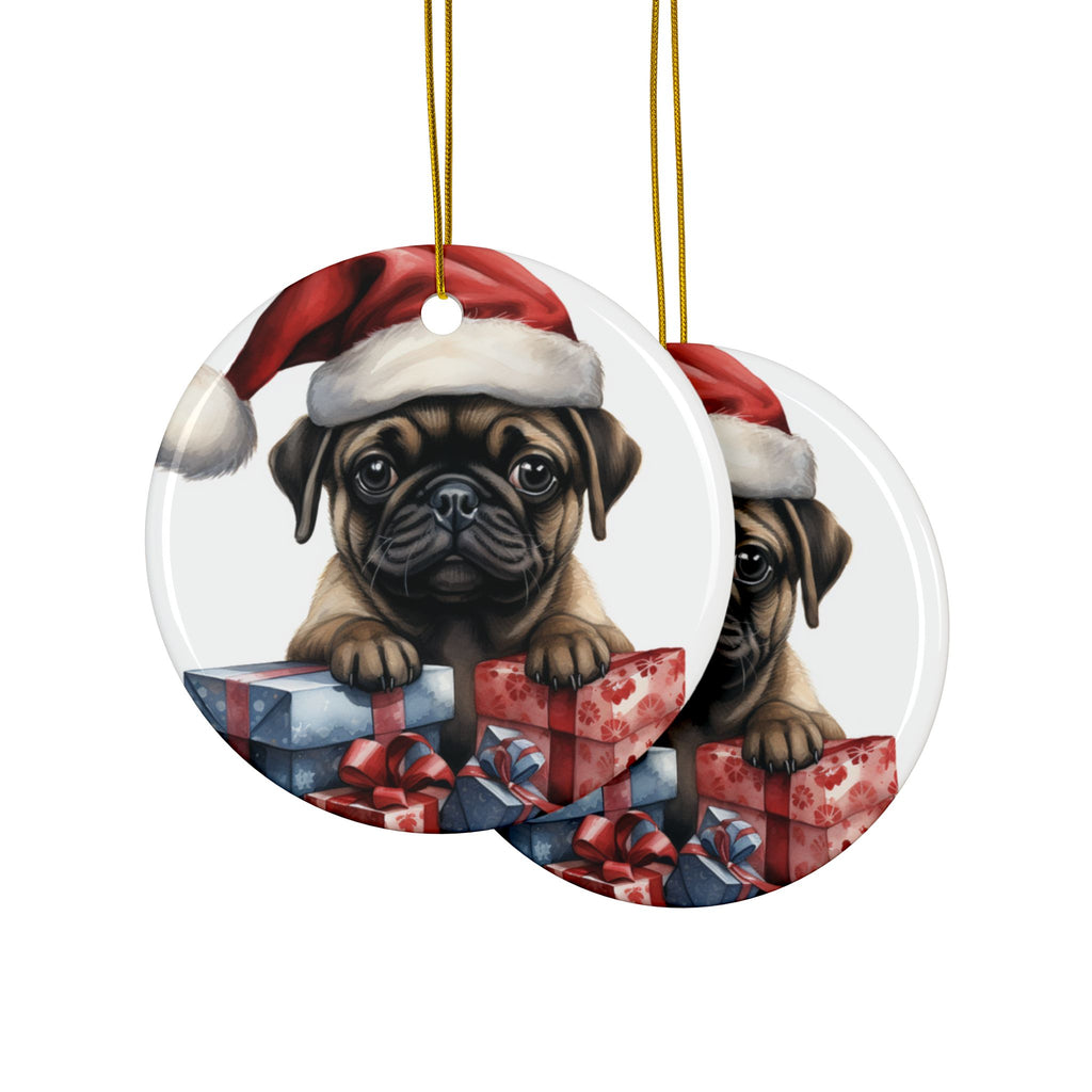 Santa Paws & Presents Ornament – Festive Pug Holiday Keepsake | Double-Sided Christmas Decor (1–10 Pack)