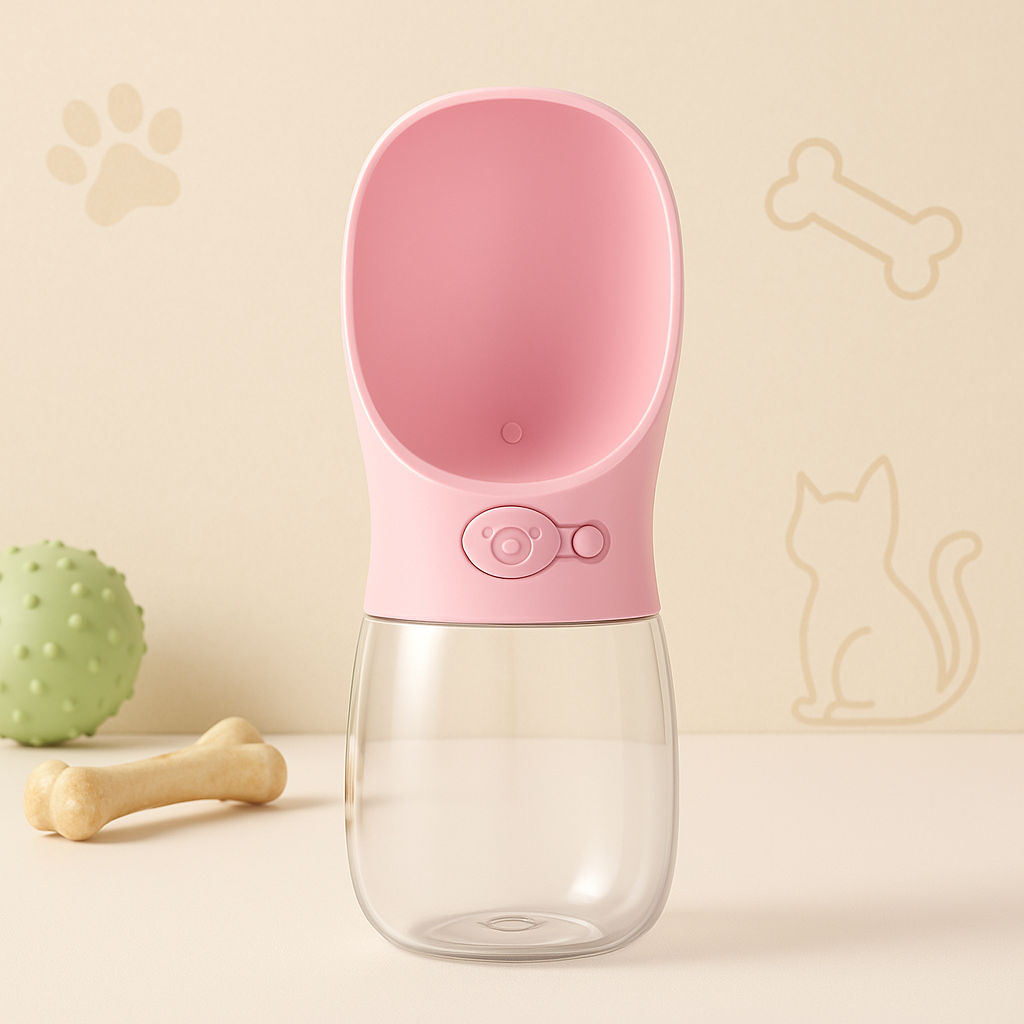 Pink pet water bottle on a beige background with paw and bone illustrations.