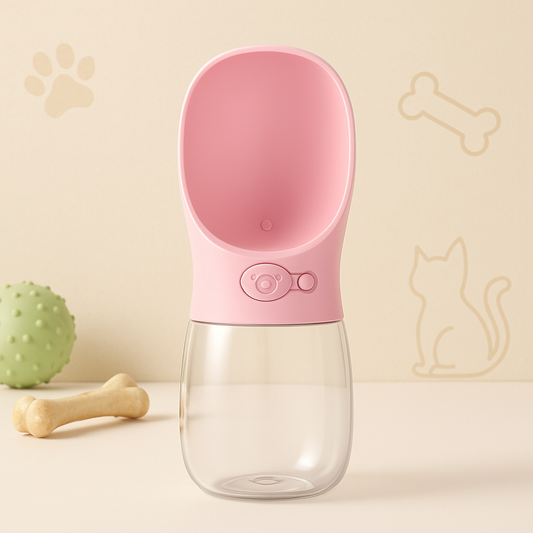 Pink pet water bottle on a beige background with paw and bone illustrations.