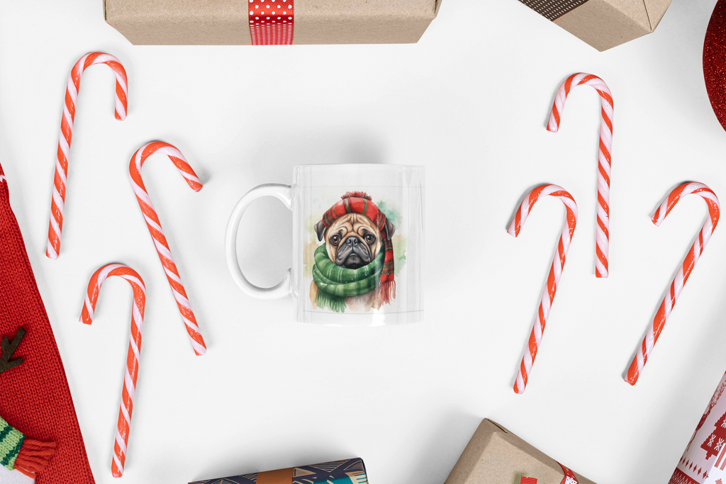 Pug in Winter Scarf Ceramic Mug — Cute Holiday Dog Coffee Cup (11oz)