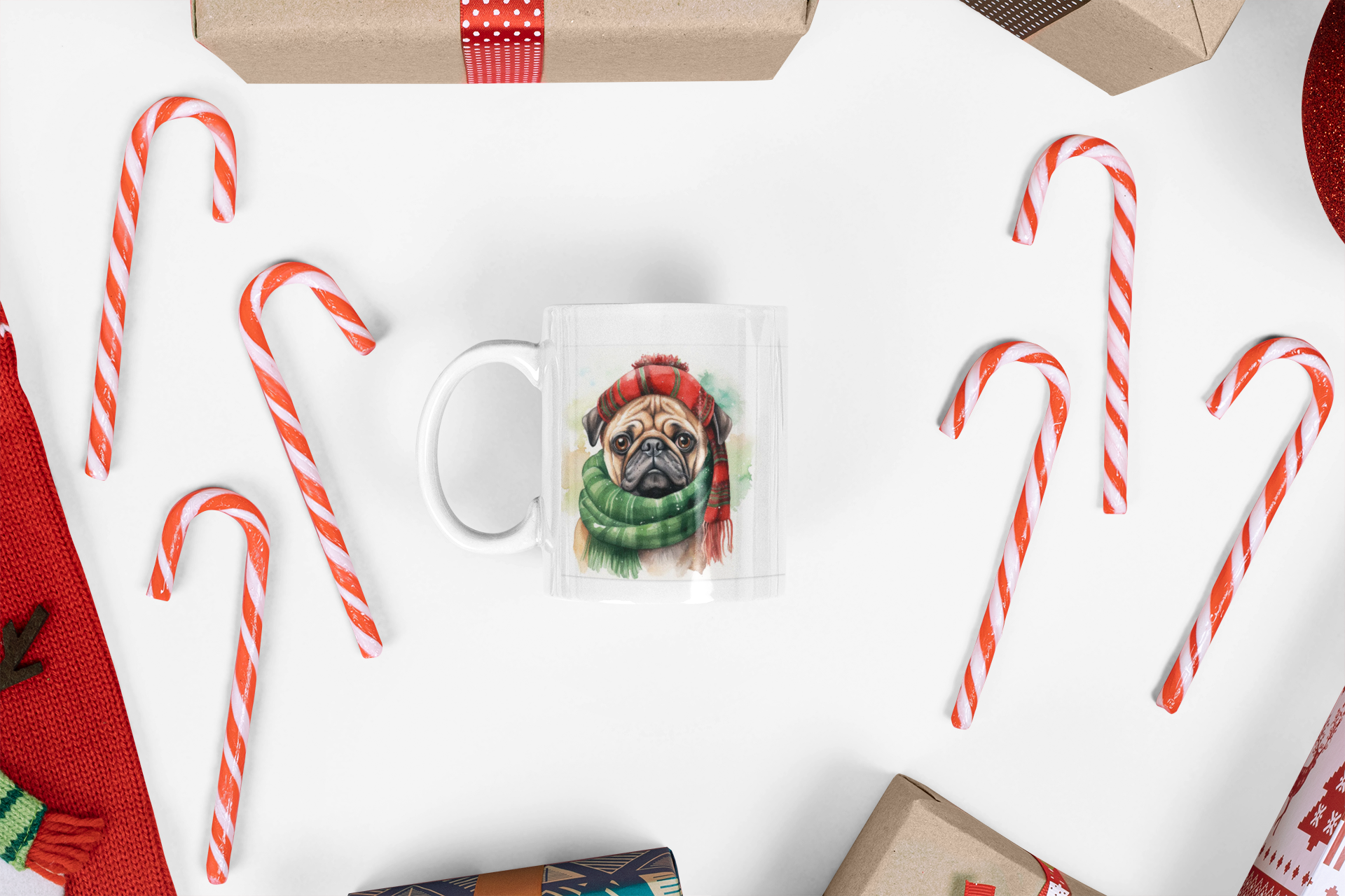 Pug in Winter Scarf Ceramic Mug — Cute Holiday Dog Coffee Cup (11oz)