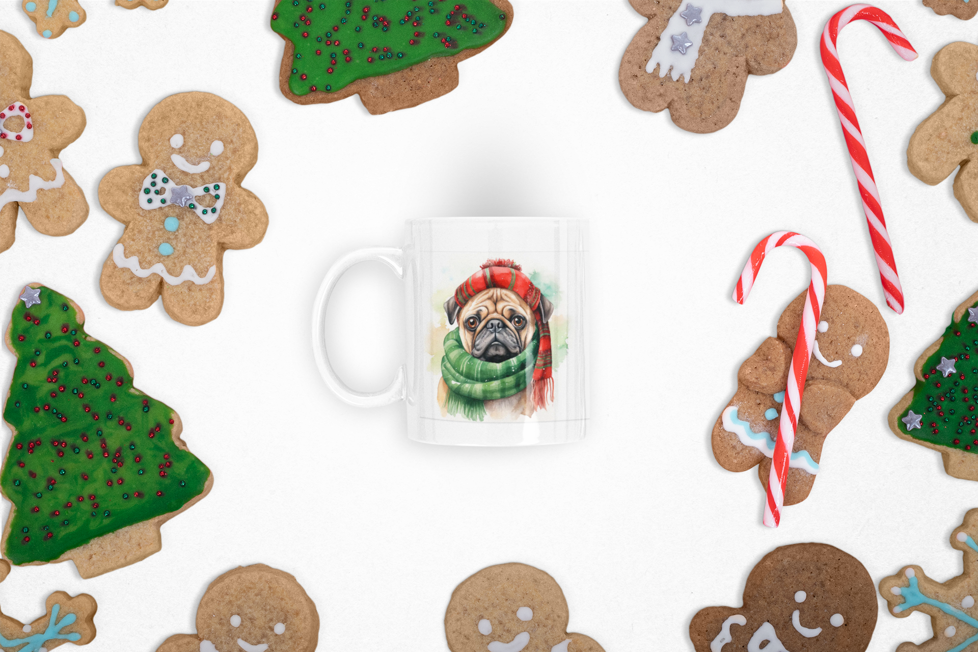 Pug in Winter Scarf Ceramic Mug — Cute Holiday Dog Coffee Cup (11oz)