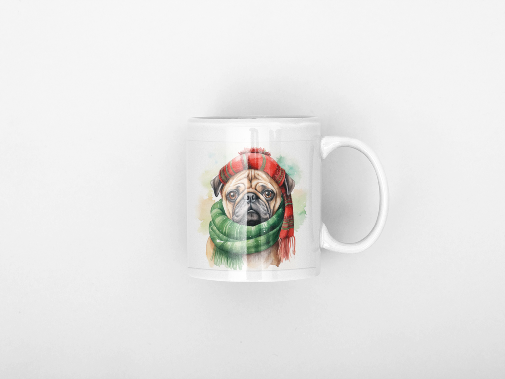 Pug in Winter Scarf Ceramic Mug — Cute Holiday Dog Coffee Cup (11oz)
