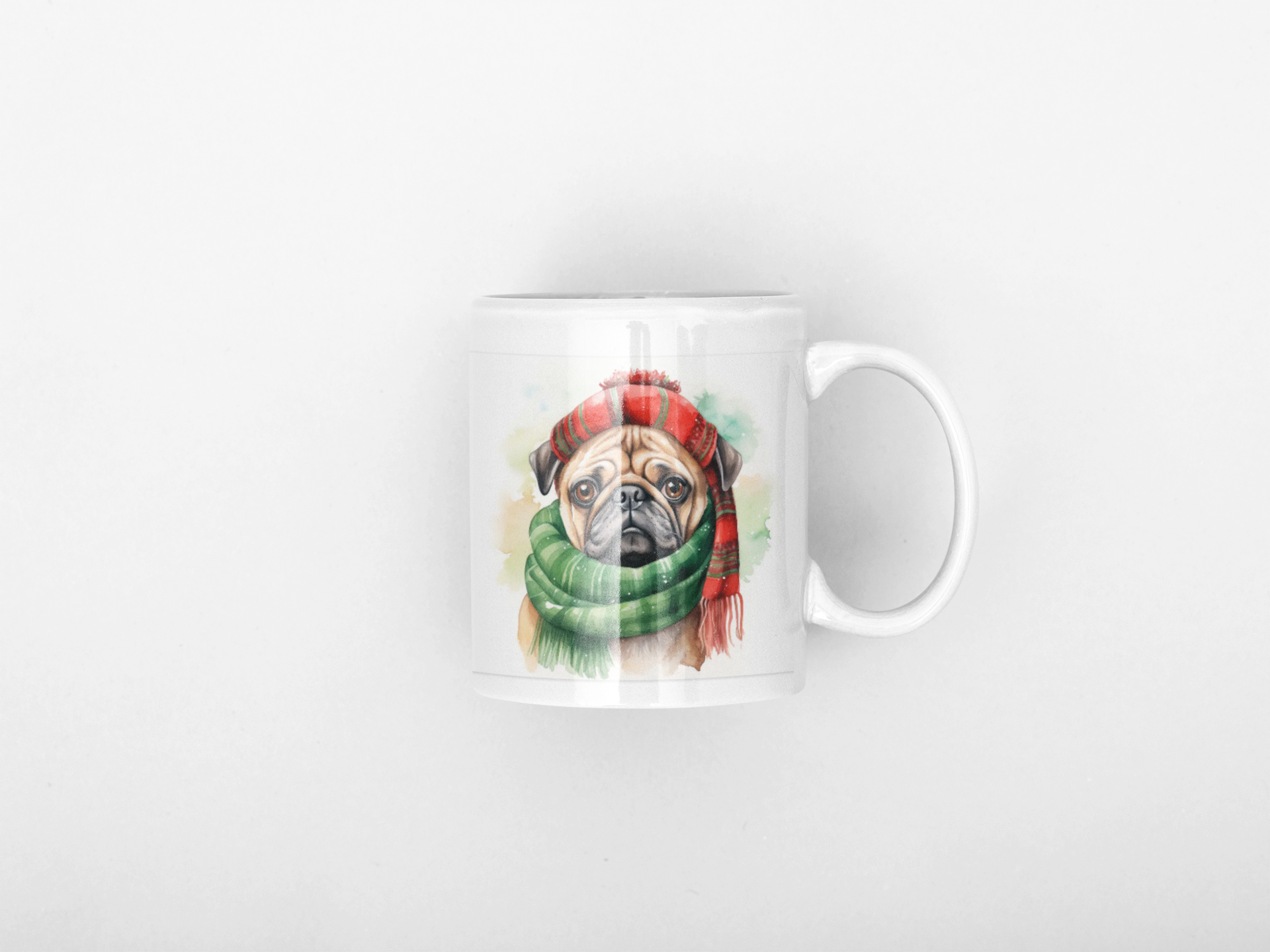 Pug in Winter Scarf Ceramic Mug — Cute Holiday Dog Coffee Cup (11oz)
