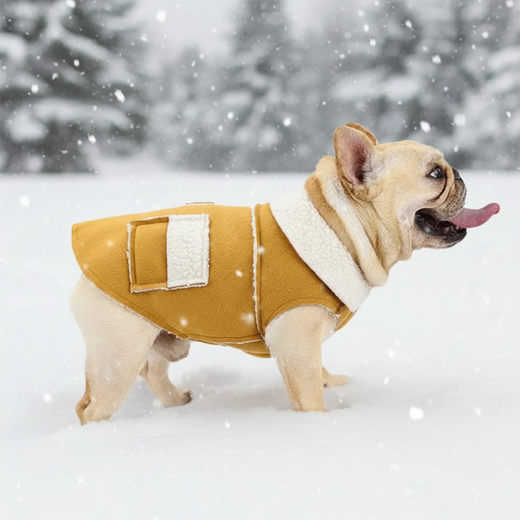 Dog wearing a mustard yellow coat with white trim, standing next to a matching dog bootie on a white background.