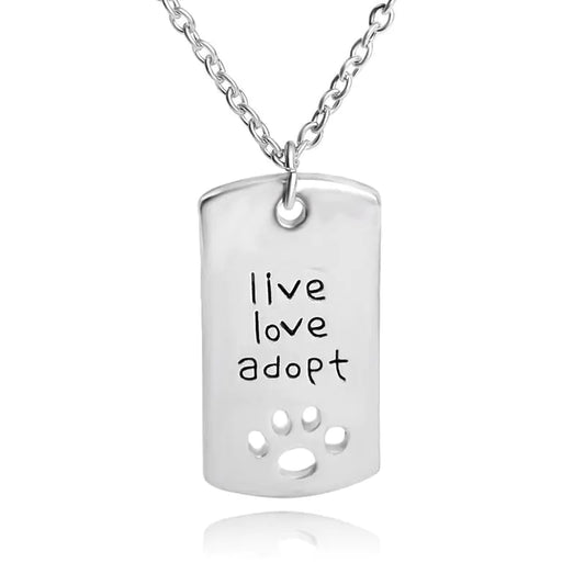 "Live Love Adopt" Silver Rescue Necklace with Cutout Paw Detail