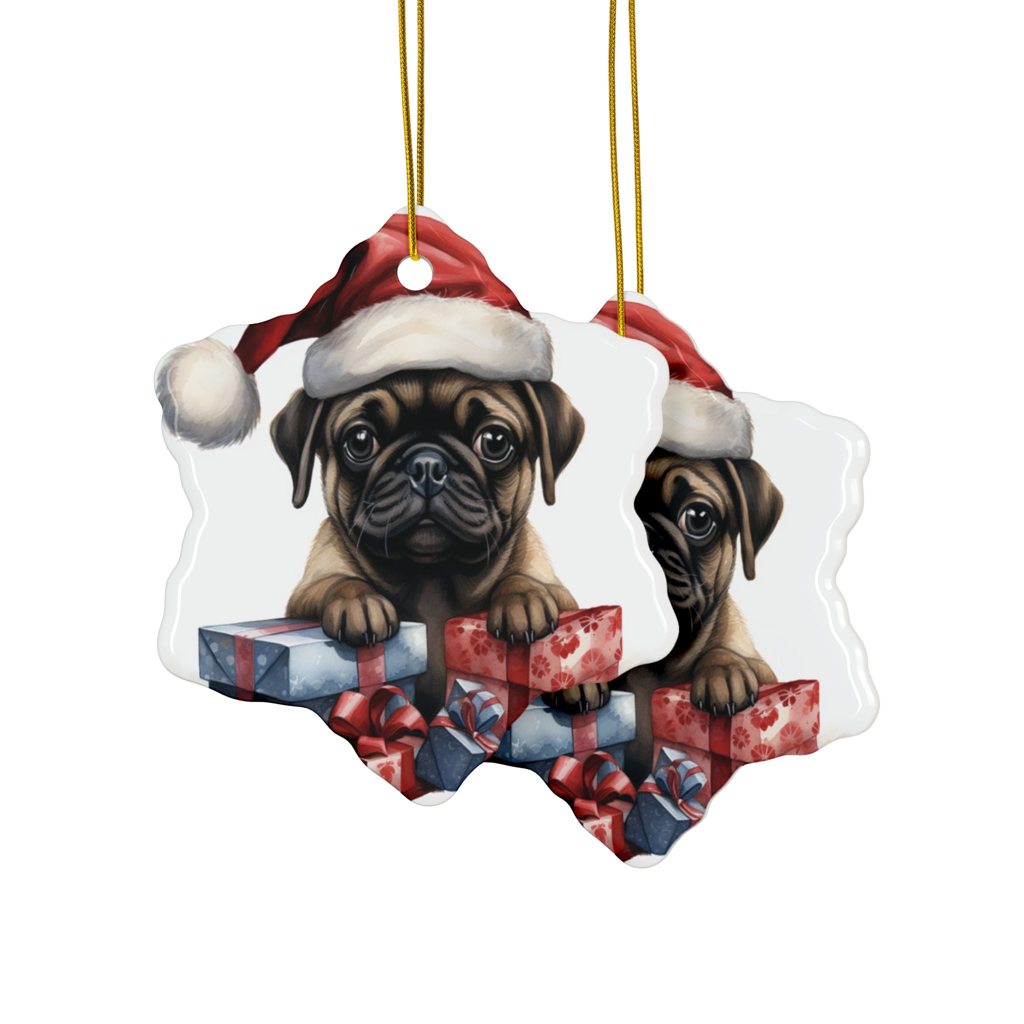 Santa Paws & Presents Ornament – Festive Pug Holiday Keepsake | Double-Sided Christmas Decor (1–10 Pack)