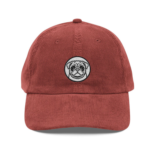 Pug Corduroy Dad Hat — Embroidered Pug Face Cap