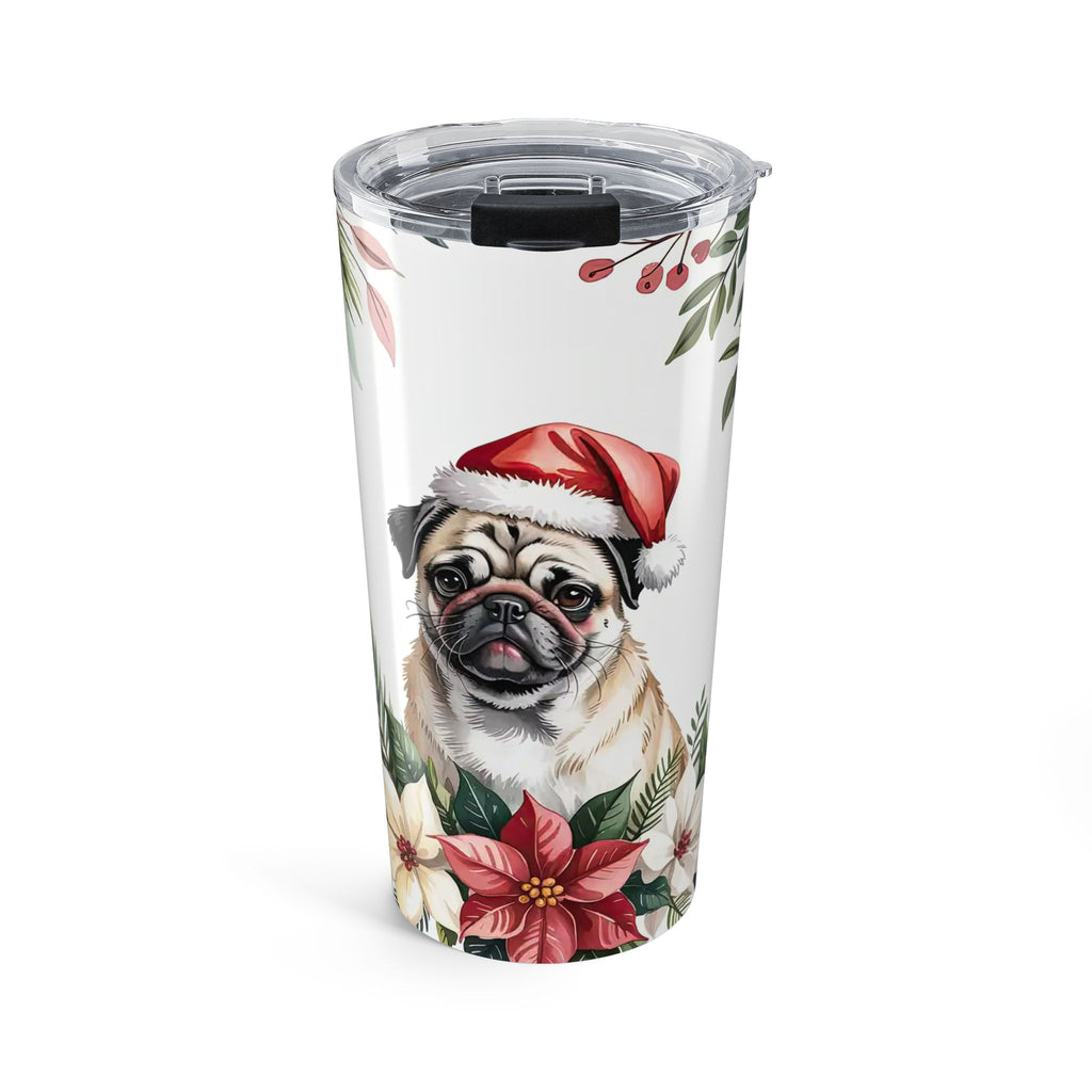 Christmas Pug Tumbler 20oz - Holiday Travel Mug with Festive Floral Design