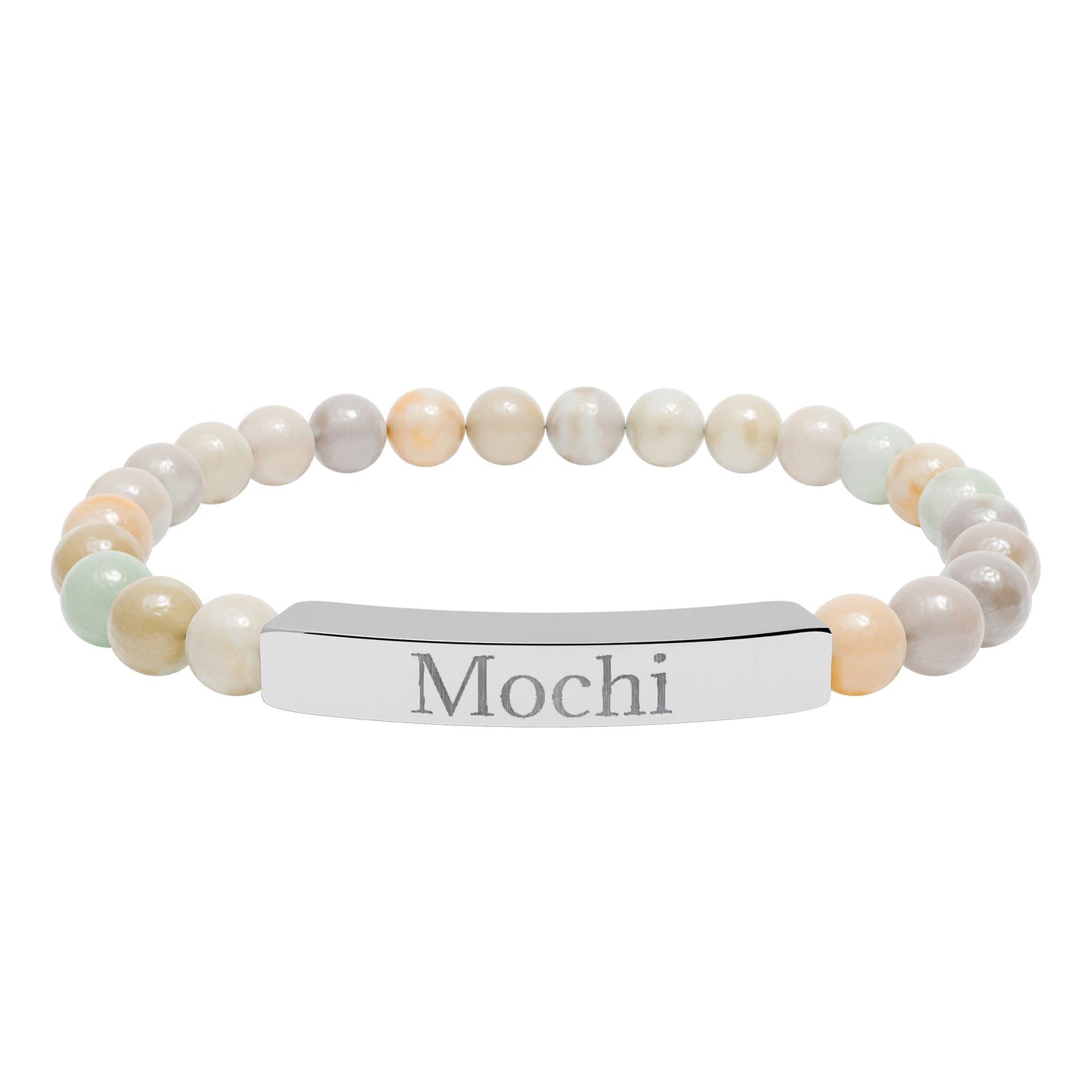 Engravable Natural Stone Stretch Bracelet — Personalized Bar Beaded Bracelet (e.g., "Mochi")