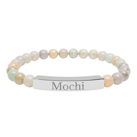 Engravable Natural Stone Stretch Bracelet — Personalized Bar Beaded Bracelet (e.g., "Mochi")