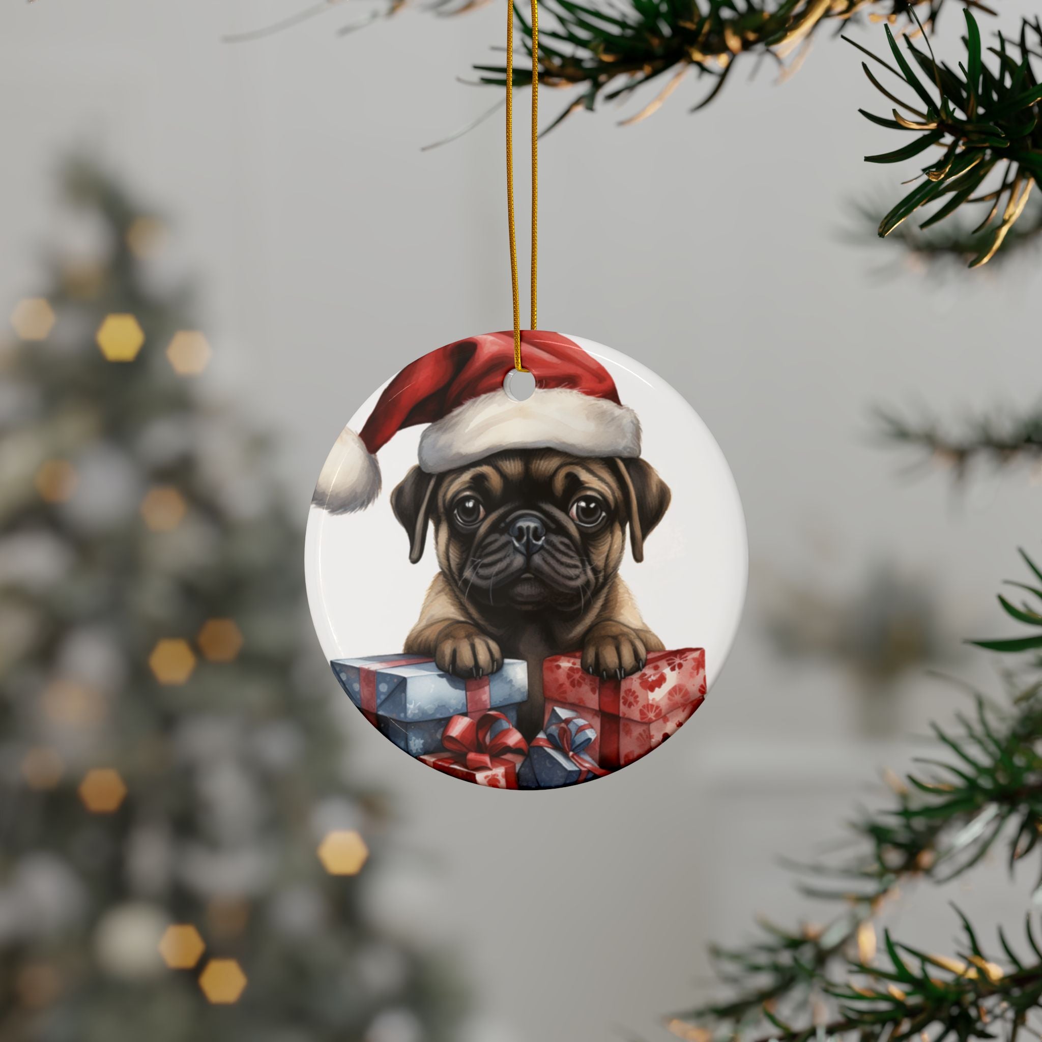Santa Paws & Presents Ornament – Festive Pug Holiday Keepsake | Double-Sided Christmas Decor (1–10 Pack)