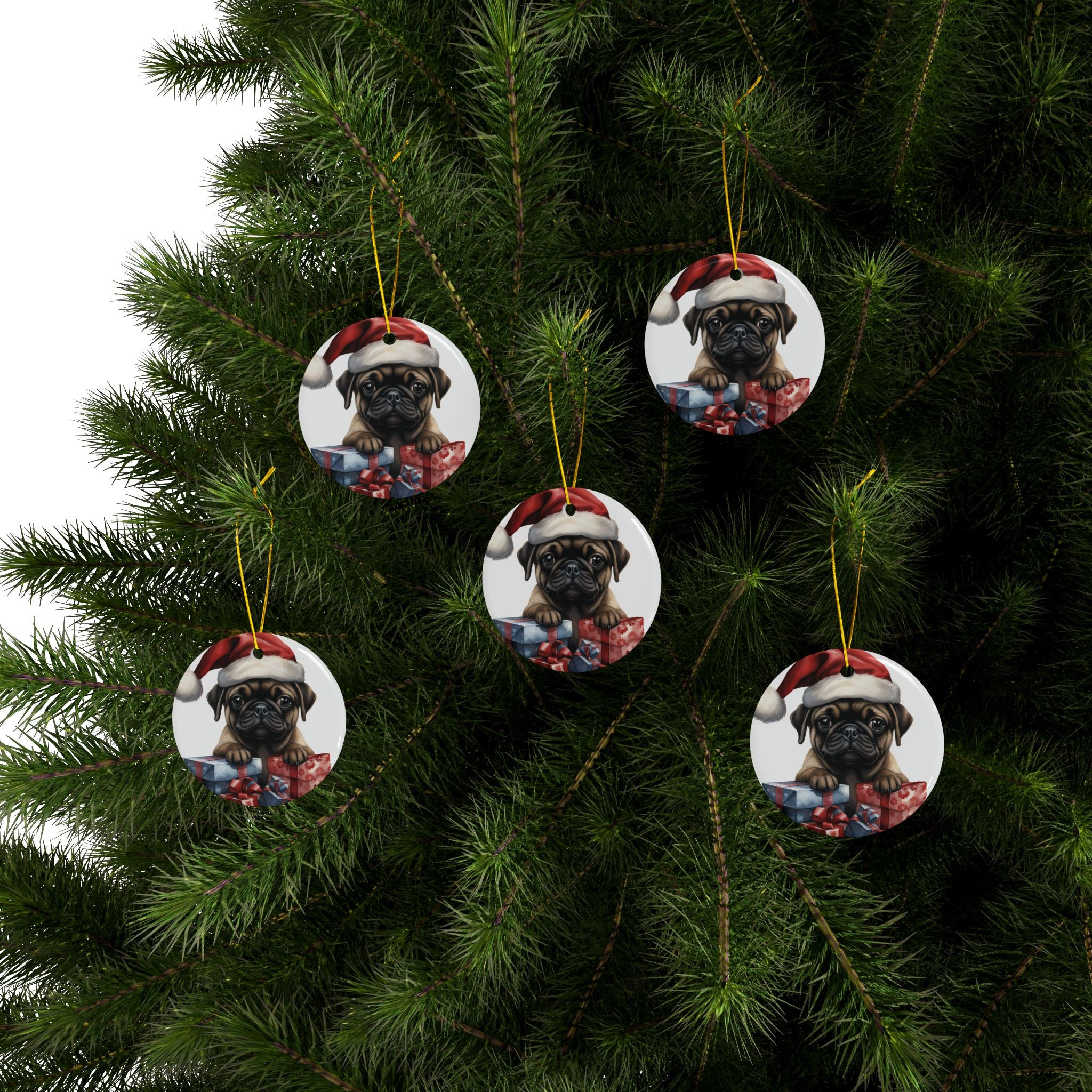 Santa Paws & Presents Ornament – Festive Pug Holiday Keepsake | Double-Sided Christmas Decor (1–10 Pack)