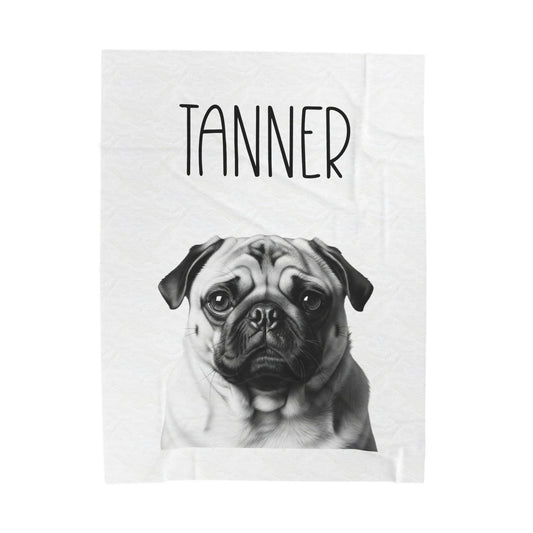 Personalized Pug Velveteen Plush Blanket —  Custom Name Throw