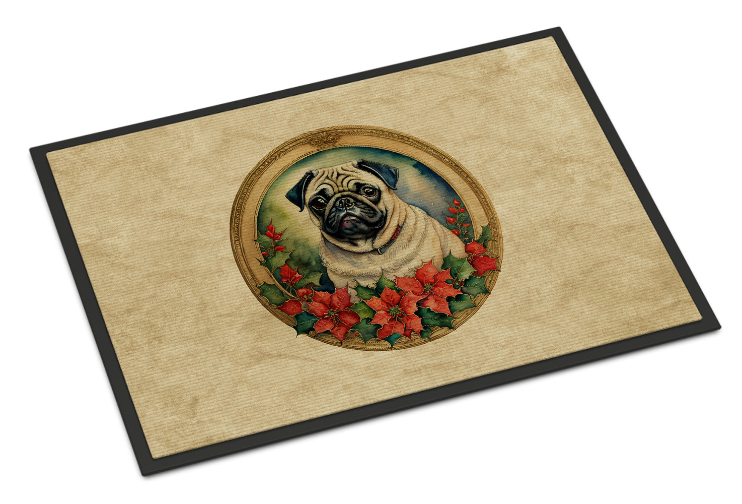 Pug Christmas Flowers Doormat-0