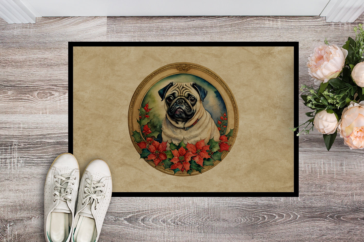 Pug Christmas Flowers Doormat-1