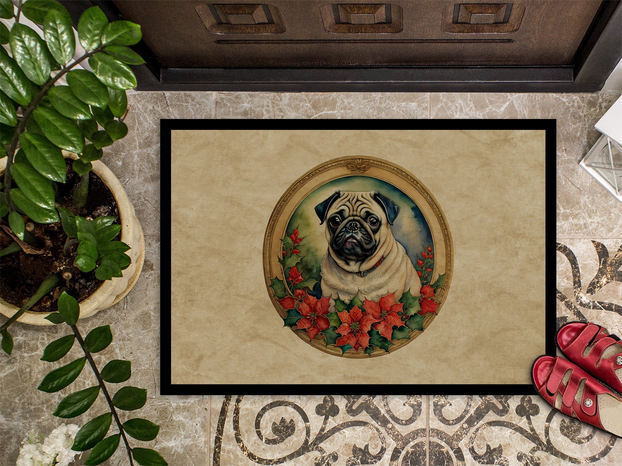 Pug Christmas Flowers Doormat-2