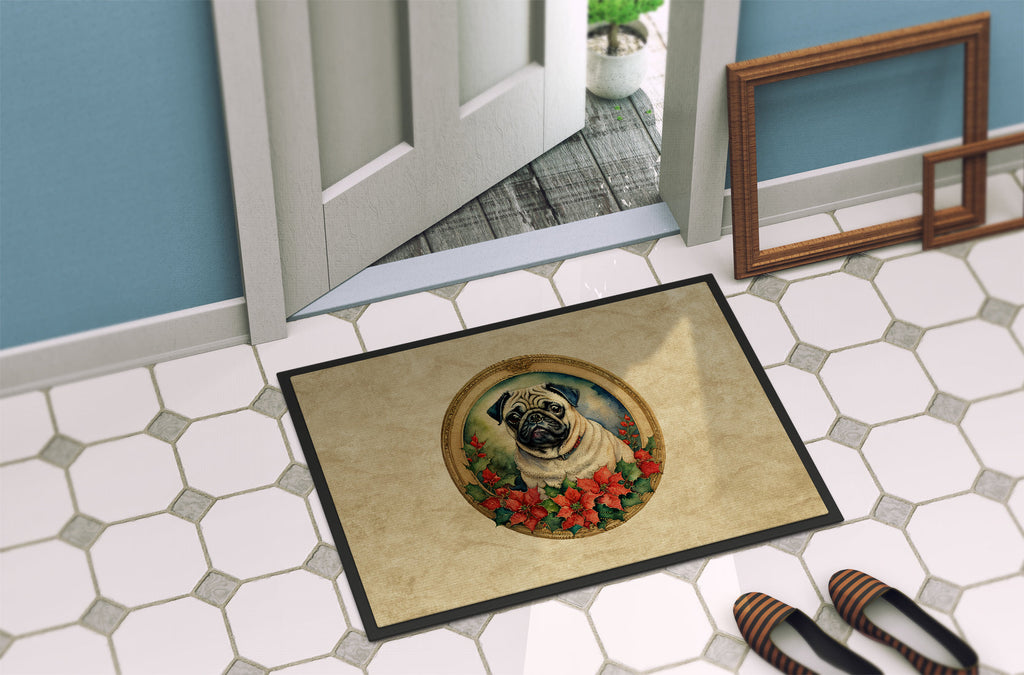 Pug Christmas Flowers Doormat-3