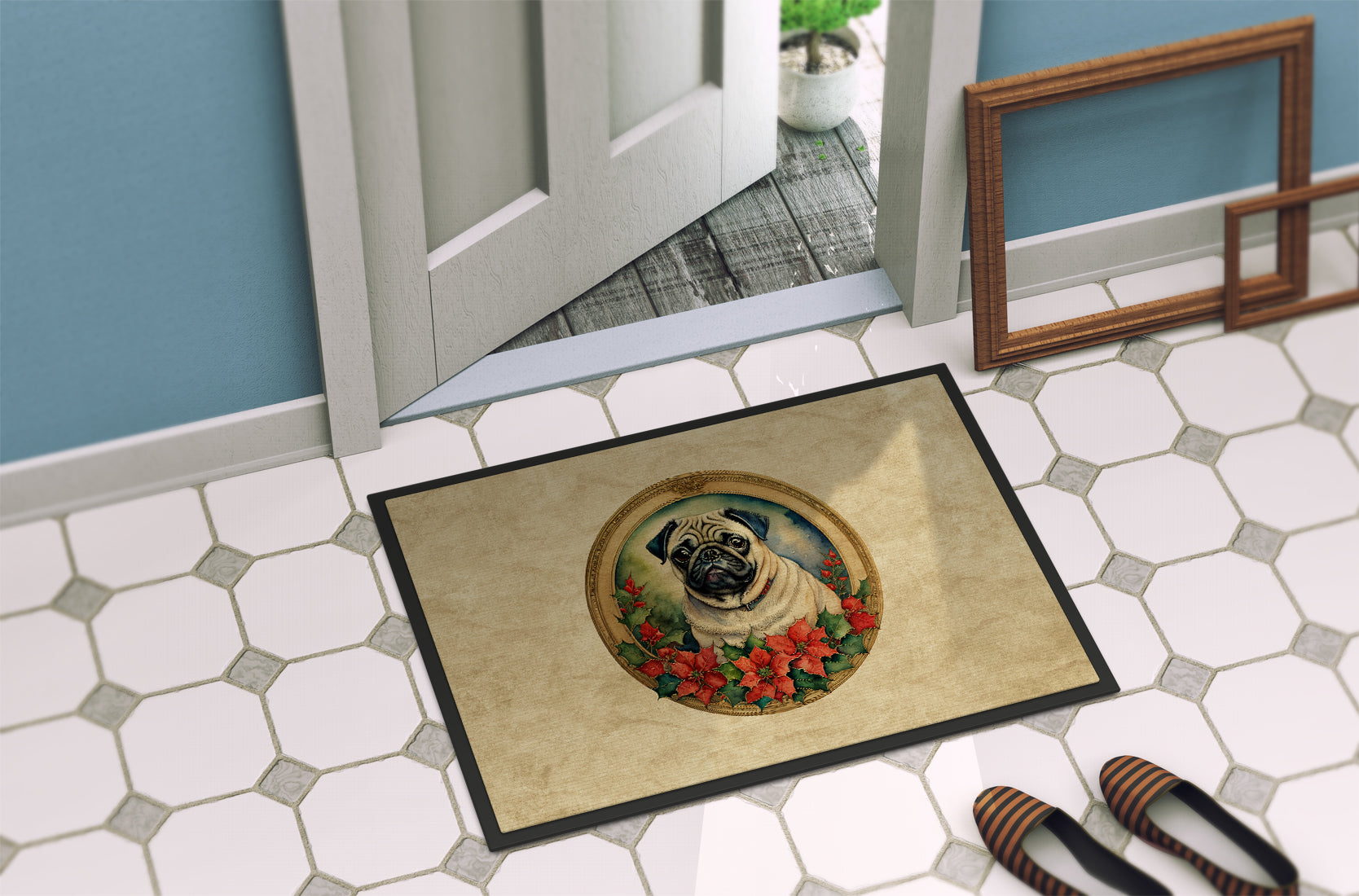 Pug Christmas Flowers Doormat-3