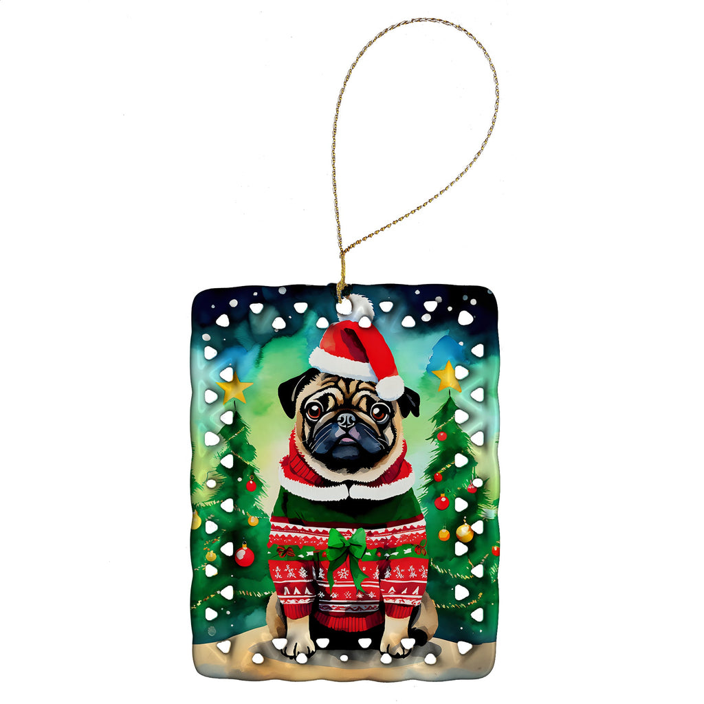 Pug Christmas Porcelain Ornament-0
