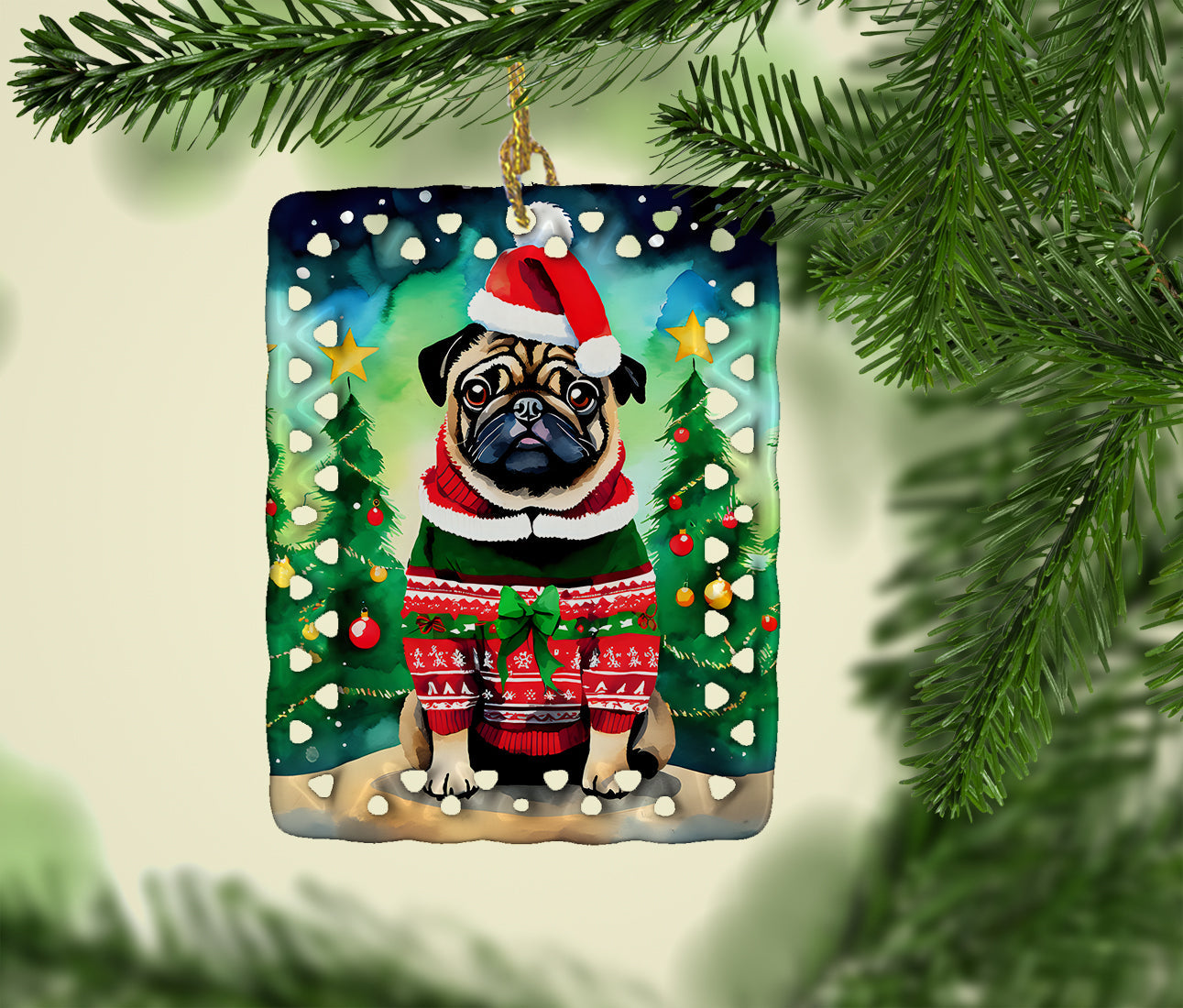 Pug Christmas Porcelain Ornament-1