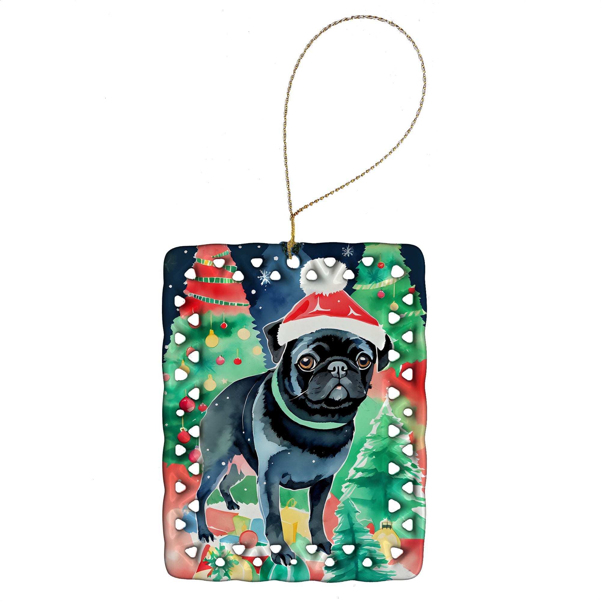 Pug Christmas Porcelain Ornament-0