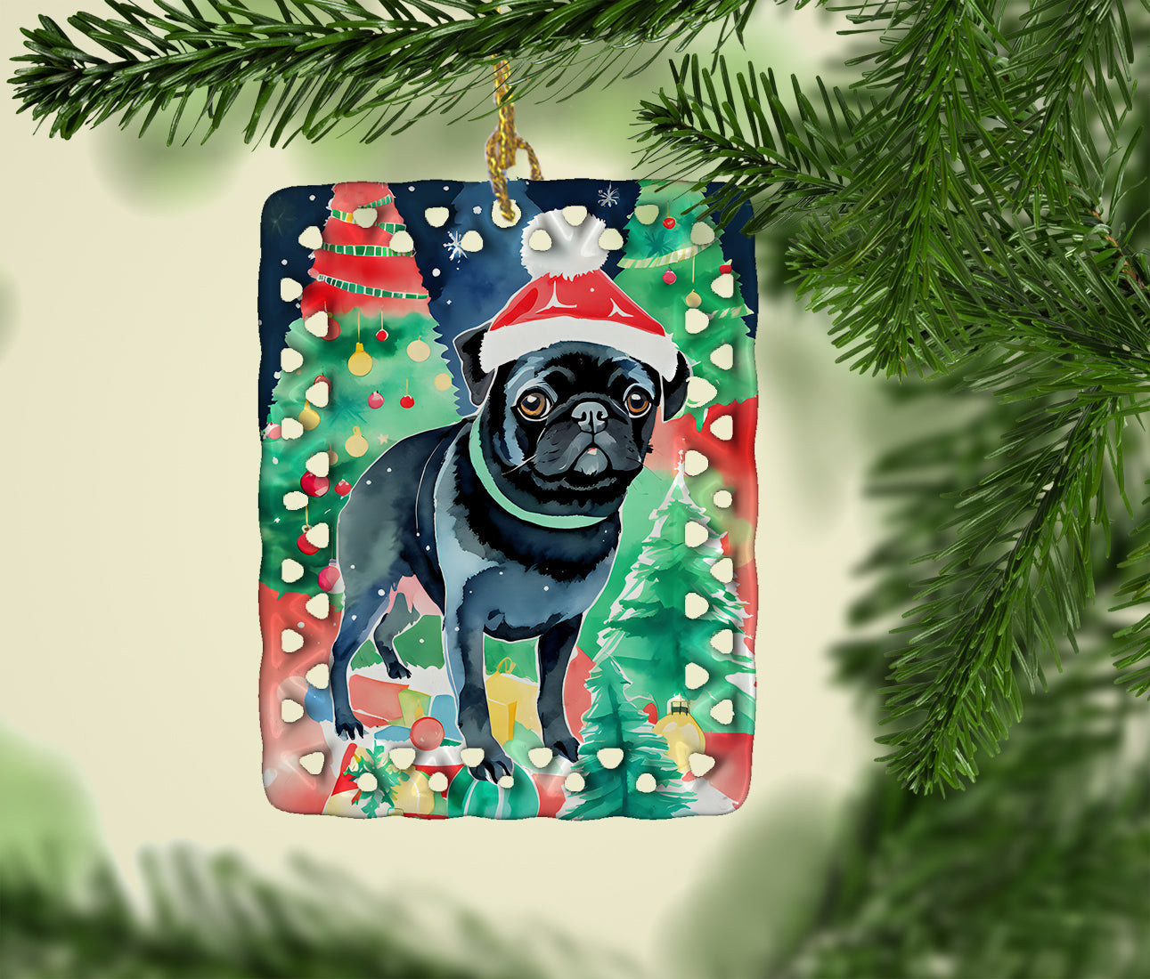 Pug Christmas Porcelain Ornament-1