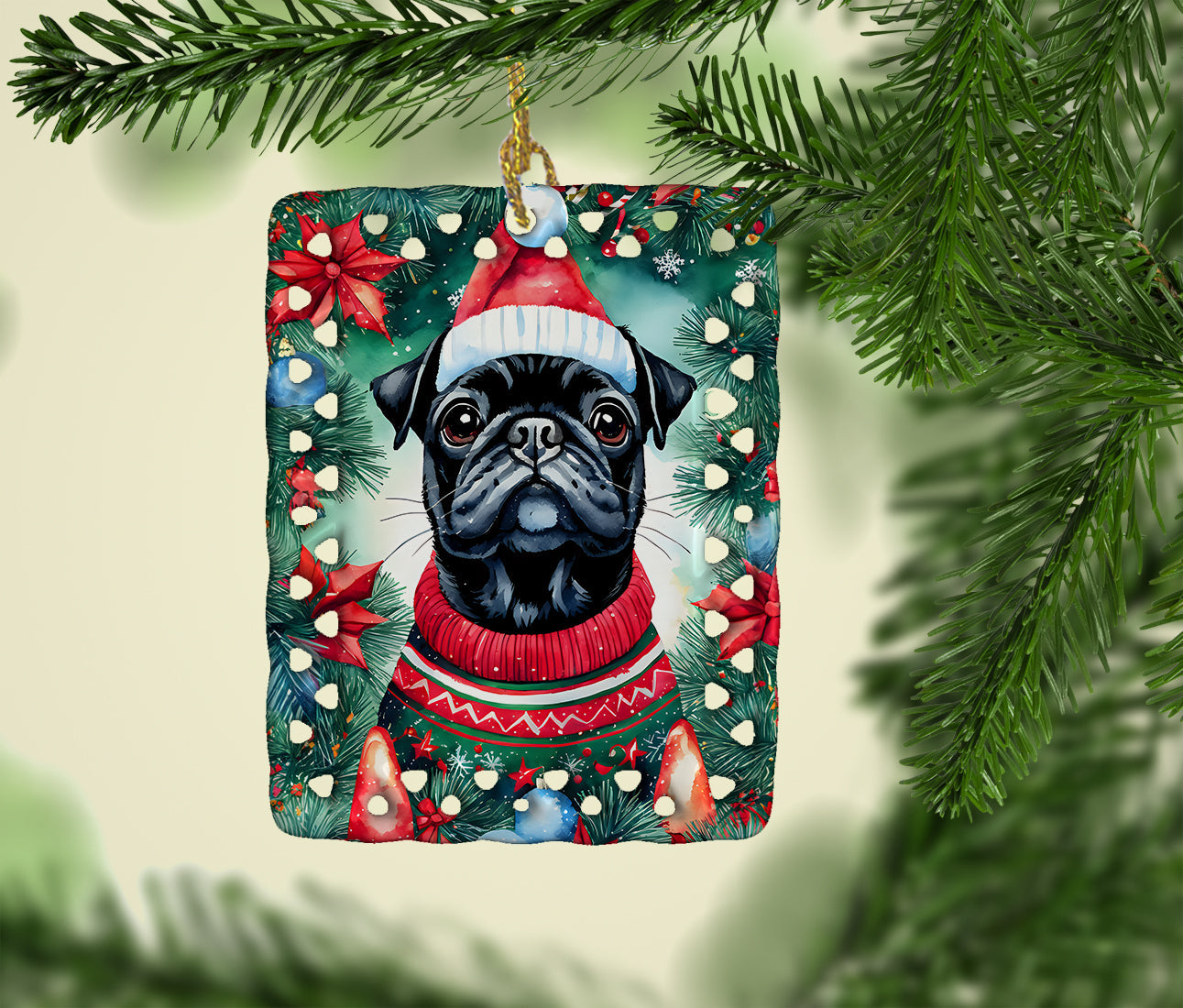 Pug Christmas Porcelain Ornament-1