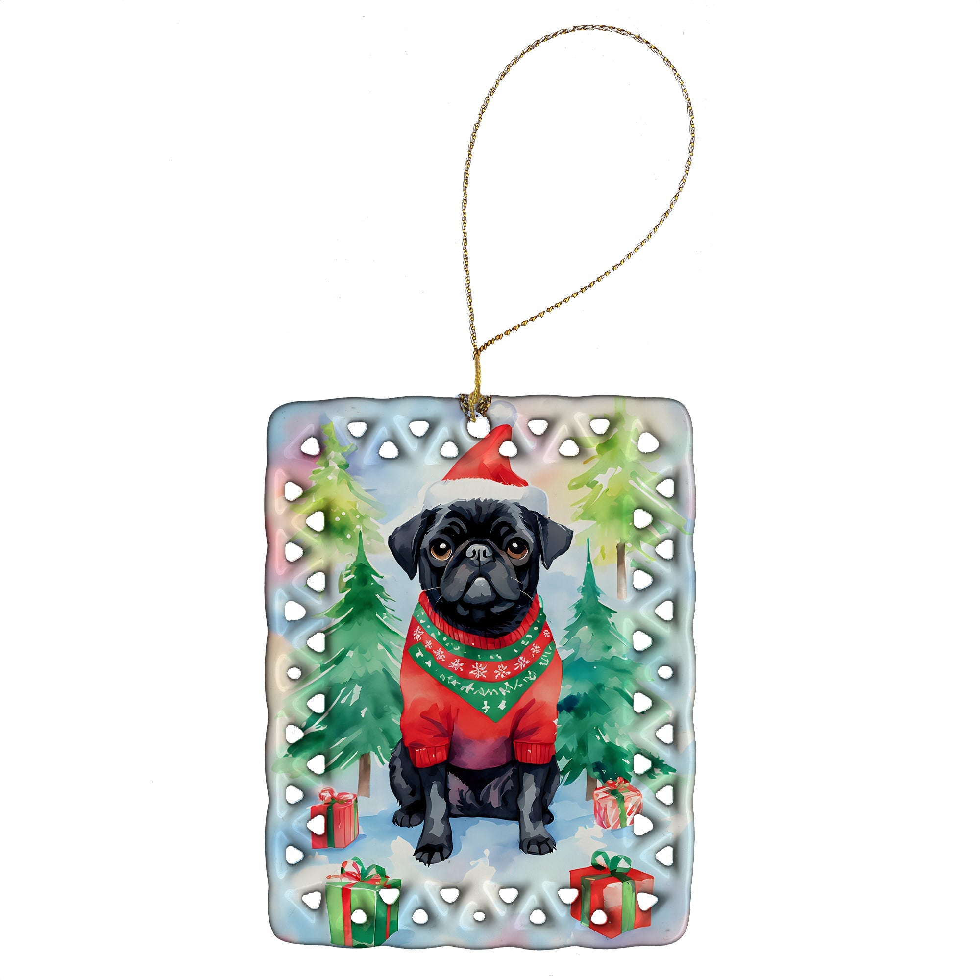 Pug Christmas Porcelain Ornament-0