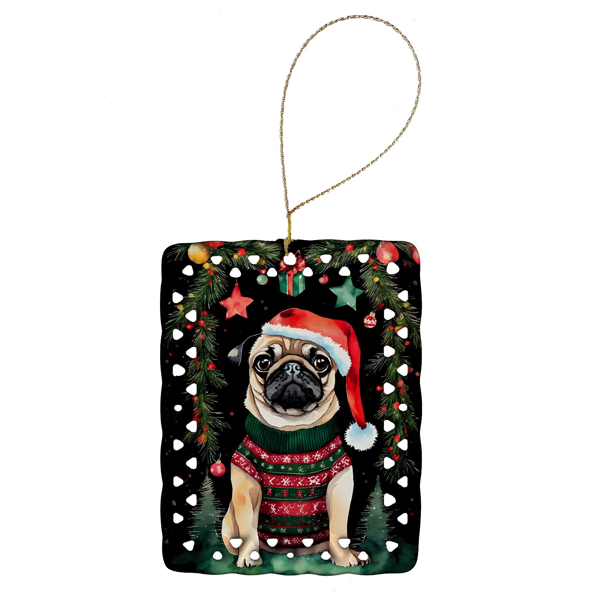 Pug Christmas Porcelain Ornament-0