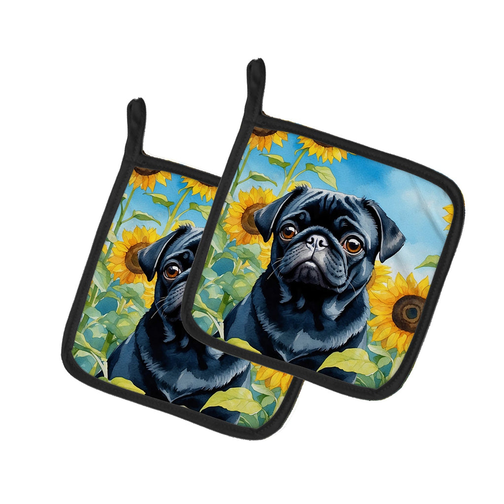 Pug in Sunflowers Pair of Pot Holders-0