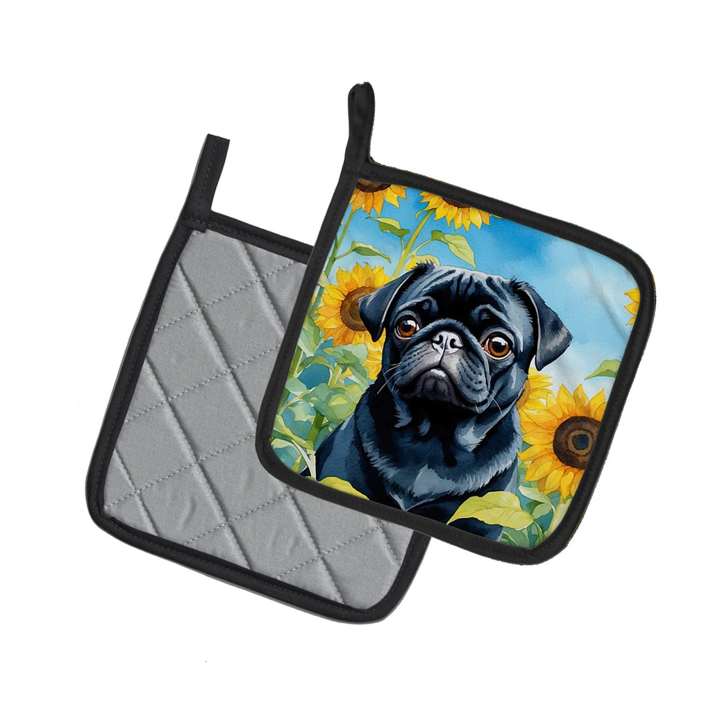 Pug in Sunflowers Pair of Pot Holders-1