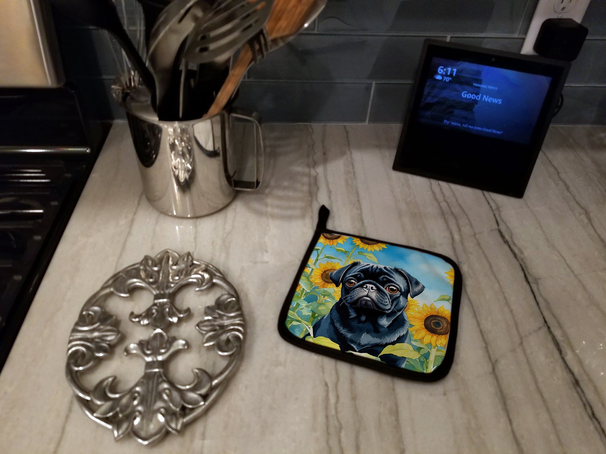 Pug in Sunflowers Pair of Pot Holders-2