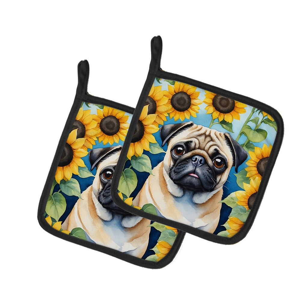 Pug in Sunflowers Pair of Pot Holders-0