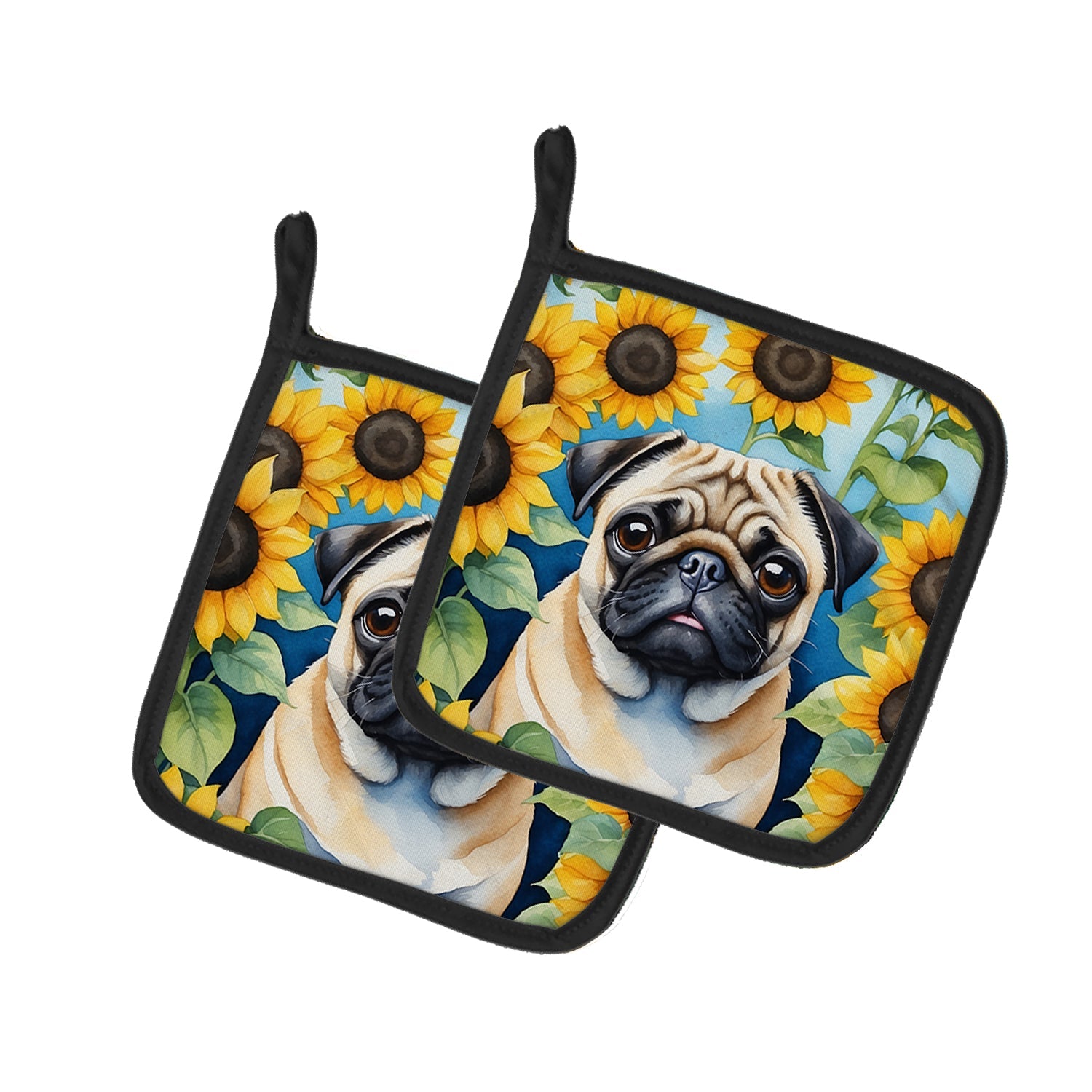 Pug in Sunflowers Pair of Pot Holders-0